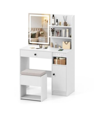 Vanity Desk with Lighted Mirror Storage Cabinet and Cushioned Stool