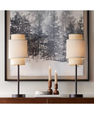 Tull 27" Tall Modern Table Lamps Set of 2 USB Port AC Power Outlet Living Room Charging Tan Tiered Shade