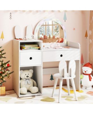 Kids Vanity Desk and Chair Set with Colorful Lights and Open Shelves
