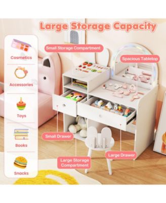 Kids Vanity Desk and Chair Set with Colorful Lights and Open Shelves