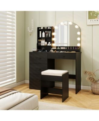 Makeup Vanity Desk and Stool Set with LED Lighted Mirror and Charging Station