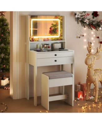 Small Vanity Desk with Lighted Mirror and Stool Set for Bedroom