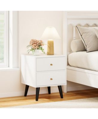 Mid-Century Modern 2-Drawer Nightstand with Golden Knobs