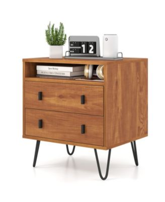 Mid-Century Modern 2-Drawer Nightstand with Open Storage Compartment