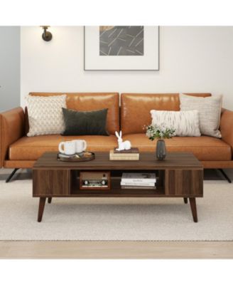 42 in Mid-Century Coffee Table with Compartment and Side Shelves