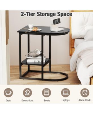 C-Shaped Modern Sofa Side Table with Faux Marble Top and Storage Shelf