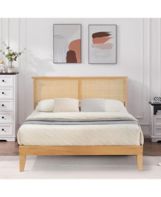 Rattan Bed Frame Bohemian Headboard LED Lights No Box Spring Easy Assembly Space-Saving