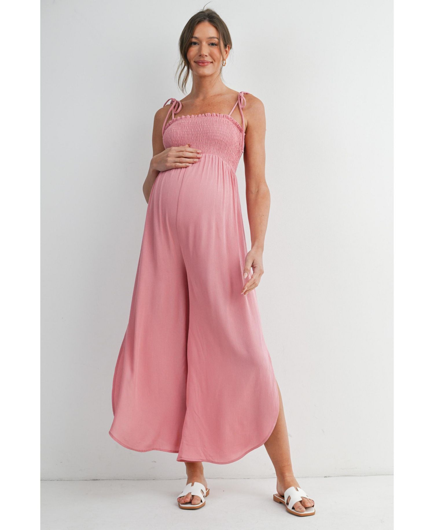 Maternity Smocked Wide-Leg Jumpsuit with Tie Shoulders and Side Slit