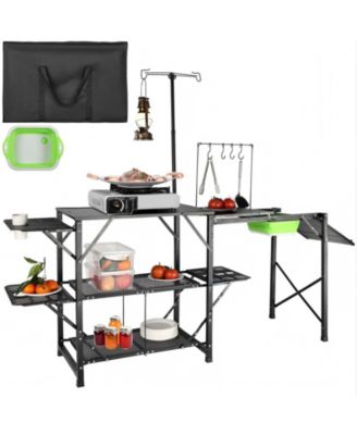 Folding Camping Kitchen Table with Sink Side Tables and Storage Shelves