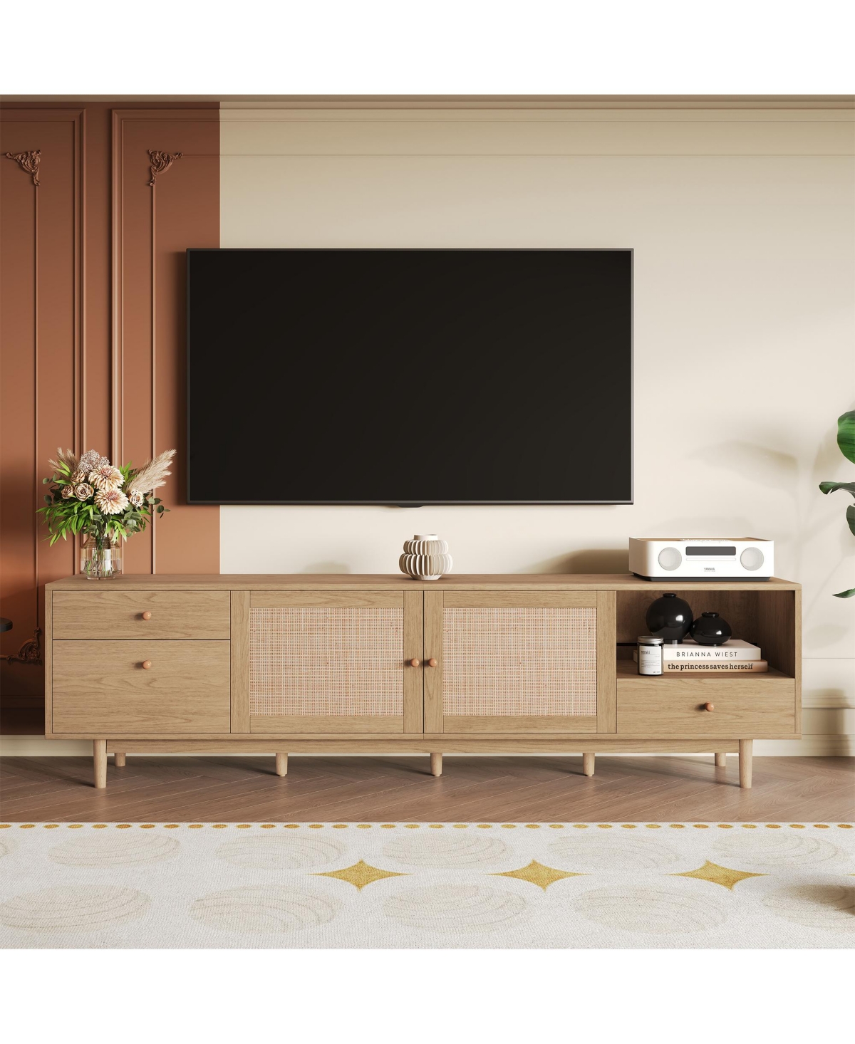 Rainsken Boho Tv Stand for Tvs , Modern Wood Media TV Console, Entertainment Center with Open Storage and Drawers for Living Room