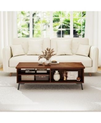 47 in Mid-Century 2-Tier Coffee Table with Shelves and Compartments