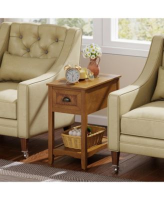 Set of 2 Retro Narrow End Tables with Drawer and Open Shelf