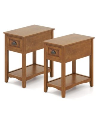 Set of 2 Retro Narrow End Tables with Drawer and Open Shelf