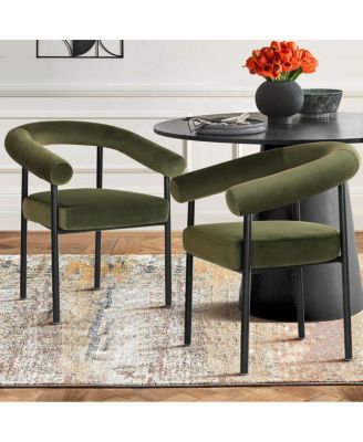 Set of 2 Velvet Upholstered Dining Armchairs Curved Arms Metal Frame