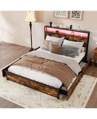 Queen Metal and Wood Bed Frame with LED Lights and Charging Station and Storage Drawers