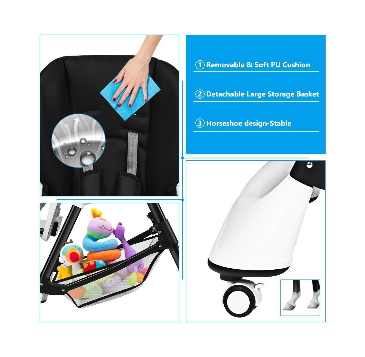 A Shaped Baby High Chair with Lockable Wheels
