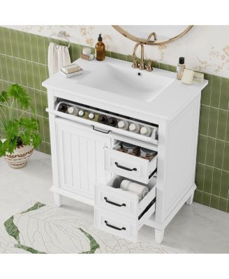 30 Inch Bathroom Vanity with Ceramic Sink, Solid Wood Freestanding Cabinet with Flip Drawer and Soft-Close Door