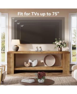 Solid Wood TV Stand for 55/60/65/75-Inch TVs, Farmhouse Entertainment Center with 2-Tier Storage Shelf, Fluted TV Consoles