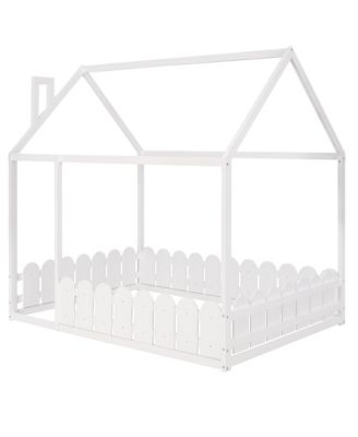 Full Size  Wood House Bed Frame with Surrounding Fence Roof Design for Kids Teens Boys and Girls