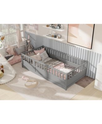 Twin Size Montessori Wooden Floor Bed With High Security Barrier And Door For Kids Bedroom