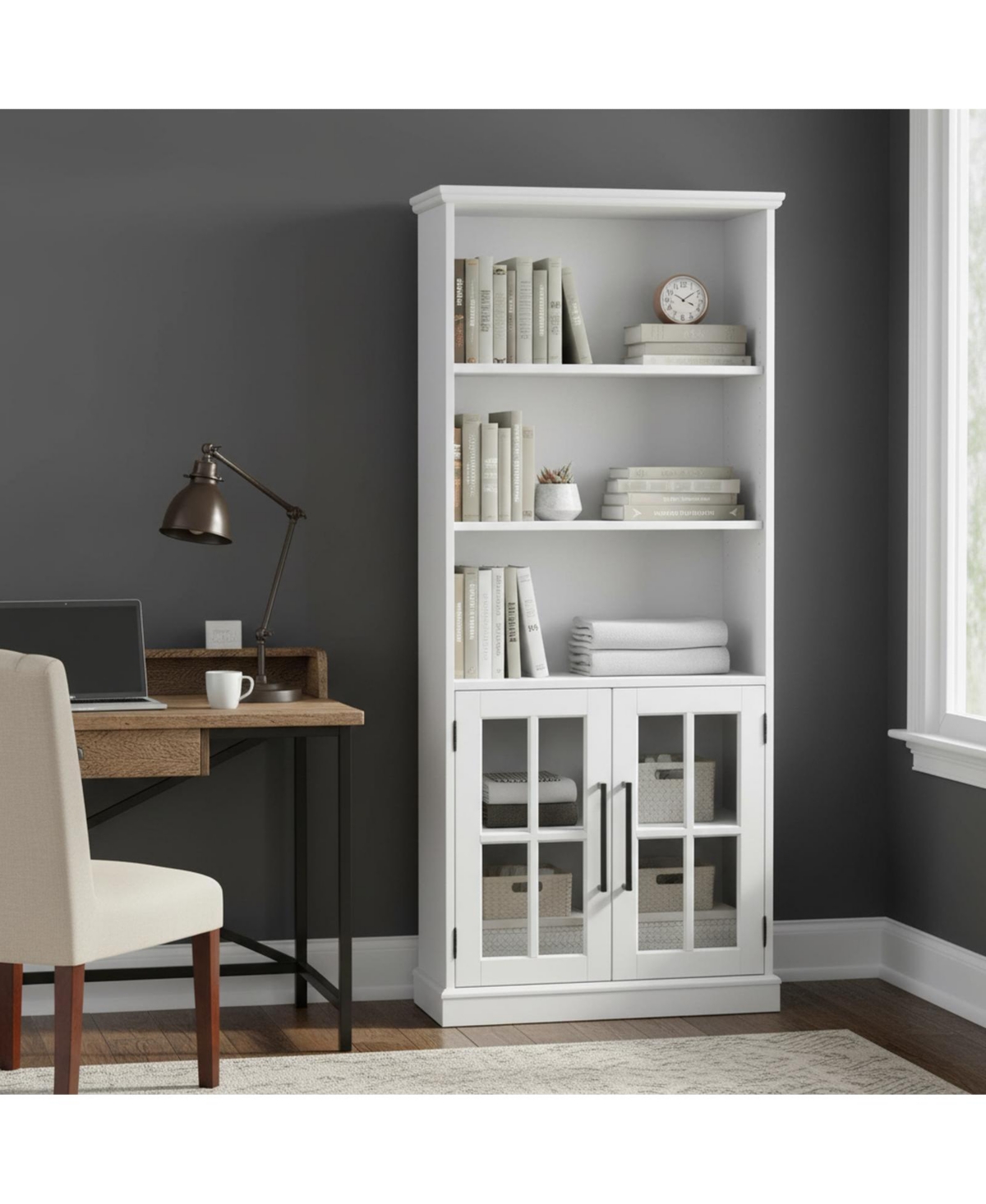 Yigii Tall 5 Shelf Bookcase Glass Doors Modern Farmhouse Storage Living Room Office