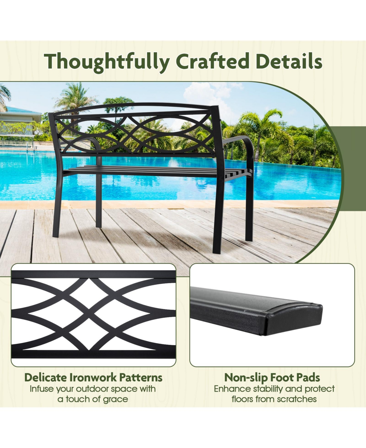 Gouun Steel Frame Outdoor Patio Bench 19-Inch