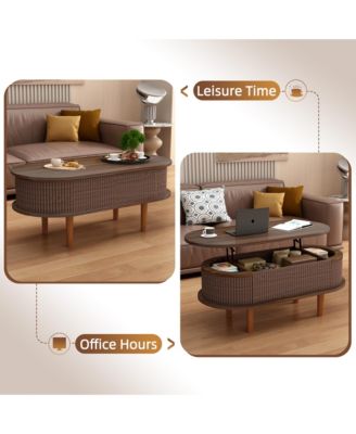 Fluted Lift Top Coffee Table, Modern Oval Wooden Center Table with Hidden Compartment for Living Room or Home Office