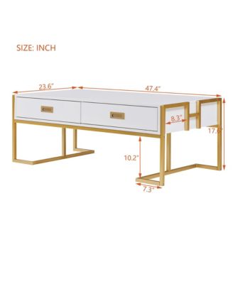 Rectangular Coffee Table, Modern 47.4" Center Table with 4 Drawers and Gold Metal Base for Living Room