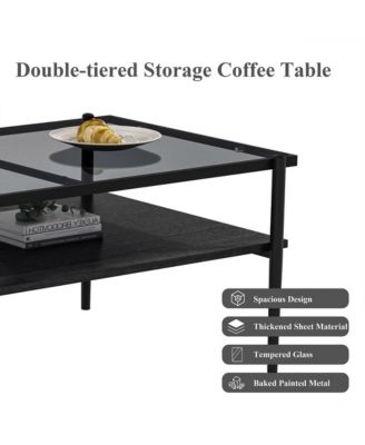 Rectangle 2 Tier Coffee Table, Center Table with Tempered Glass Top and Wood Storage Shelf for Living Room, Small Space