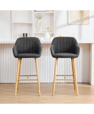 Bar Stools Set of 2 - Linen Fabric Upholstered Counter Height Chairs with Back, Footrest and Solid Wood Legs for Kitchen Island
