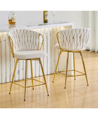 Velvet Bar Stool set Swivel Counter Height Chairs with Metal Frame and Woven Rope Backrest for Kitchen Island