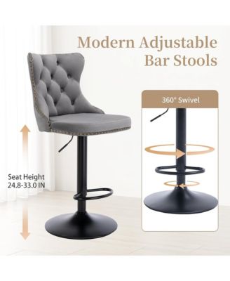 Velvet Bar Stools Set Adjustable Swivel Counter Height Chairs Footrest and Nailhead Trim for Home Pub