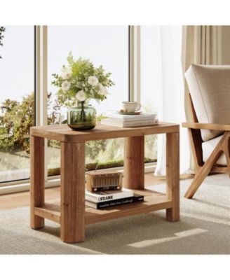 Solid Wood End Table, Farmhouse Side Table with 2-Tier Storage Shelf, Rectangle Bedside Nightstand, Accent Nightstand