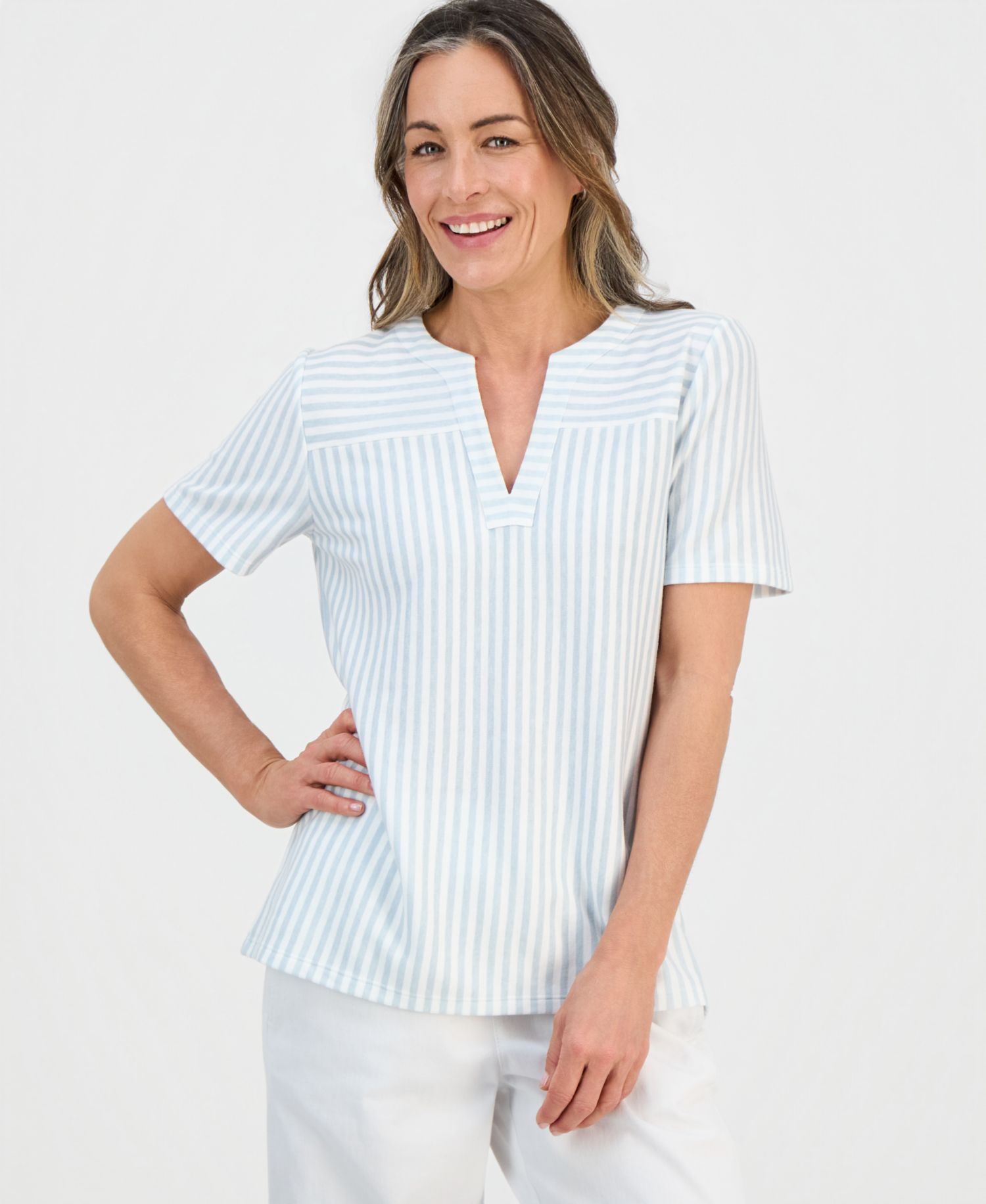 Petite Striped Short-Sleeve Yoke Top