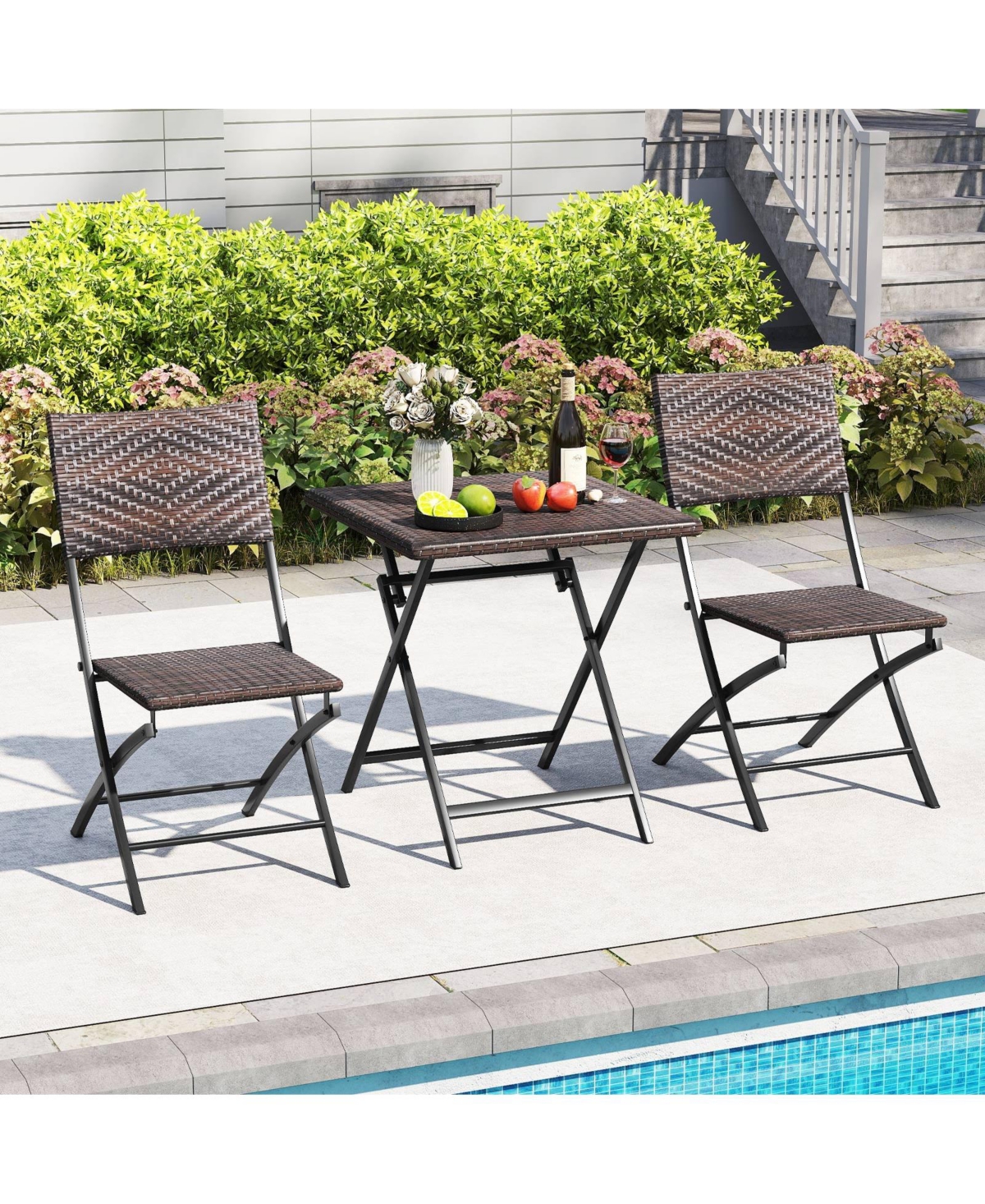 Sugift 3 Piece Rattan Bistro Set Outdoor Folding Dining Table and Chairs with Wicker Seat