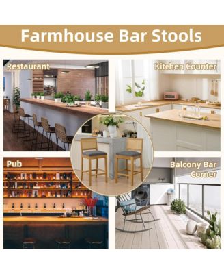 Rattan Bar Stools Set of 2 - Linen Fabric Upholstered, High-Resilience Foam and S-Springs, Counter Height Chairs for Kitchen Island