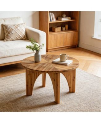 Solid Wood Round Coffee Table, Farmhouse Center Table with Curved Legs, Circle Cocktail Tea Table