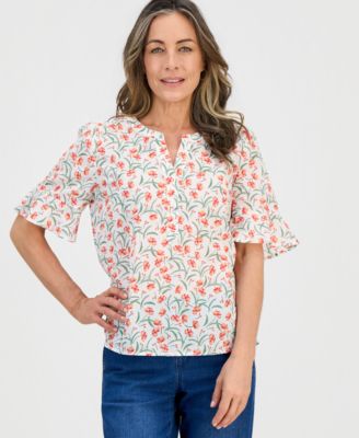 Petite Printed Cotton Split-Neck Popover Top