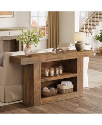 63-Inch Console Table with Storage, 3-Tier Farmhouse Entryway Table with U-Shaped Base, Wooden Sofa Furniture Behind The Couch
