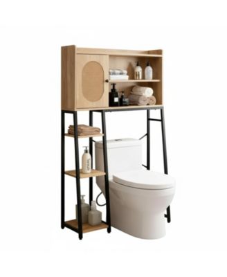 Over The Toilet Storage Cabinet Rattan Door Freestanding Adjustable Shelf Bathroom Organizer Metal Stand Space Saver