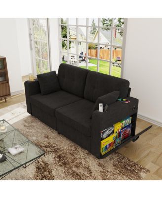 Modern 2-Seater Chenille Couch, 67 Inch Loveseat Sofa with USB Ports, Cup Holders, Storage and Solid Wood Frame for Living Room