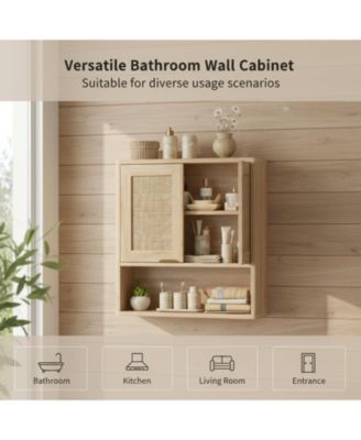 Rattan Wall Mounted Bathroom Cabinet Adjustable Shelf Over Toilet Storage Organizer Boho Style