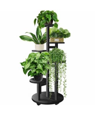 5 Tiered Wood Plant Stand Indoor with Wheels Multi-Tier Flower Pot Holder for Living Room Balcony Garden
