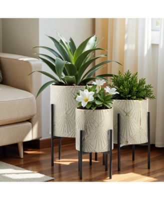 Set of 3 Metal Cachepot Planters with Stand