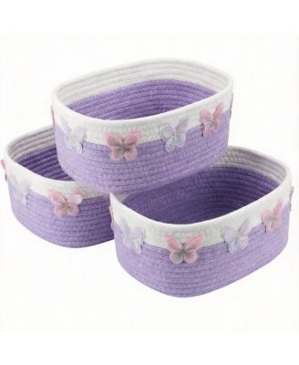 3 Purple Butterfly Woven Cotton Baskets for Home Storage