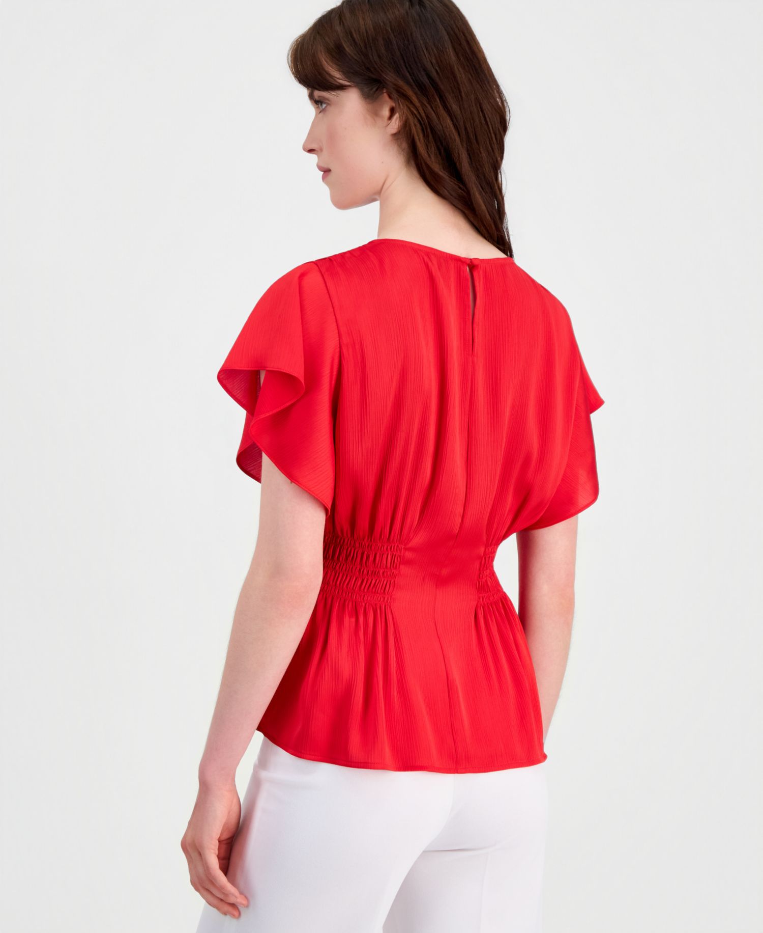 Petite Smocked Flutter-Sleeve Smocked-Waist Top
