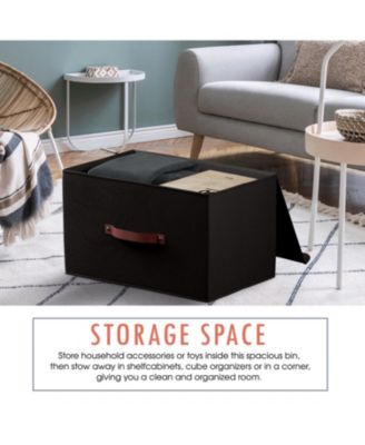 3 Pack Foldable Linen Storage Bin with Faux Leather Handles and Lid