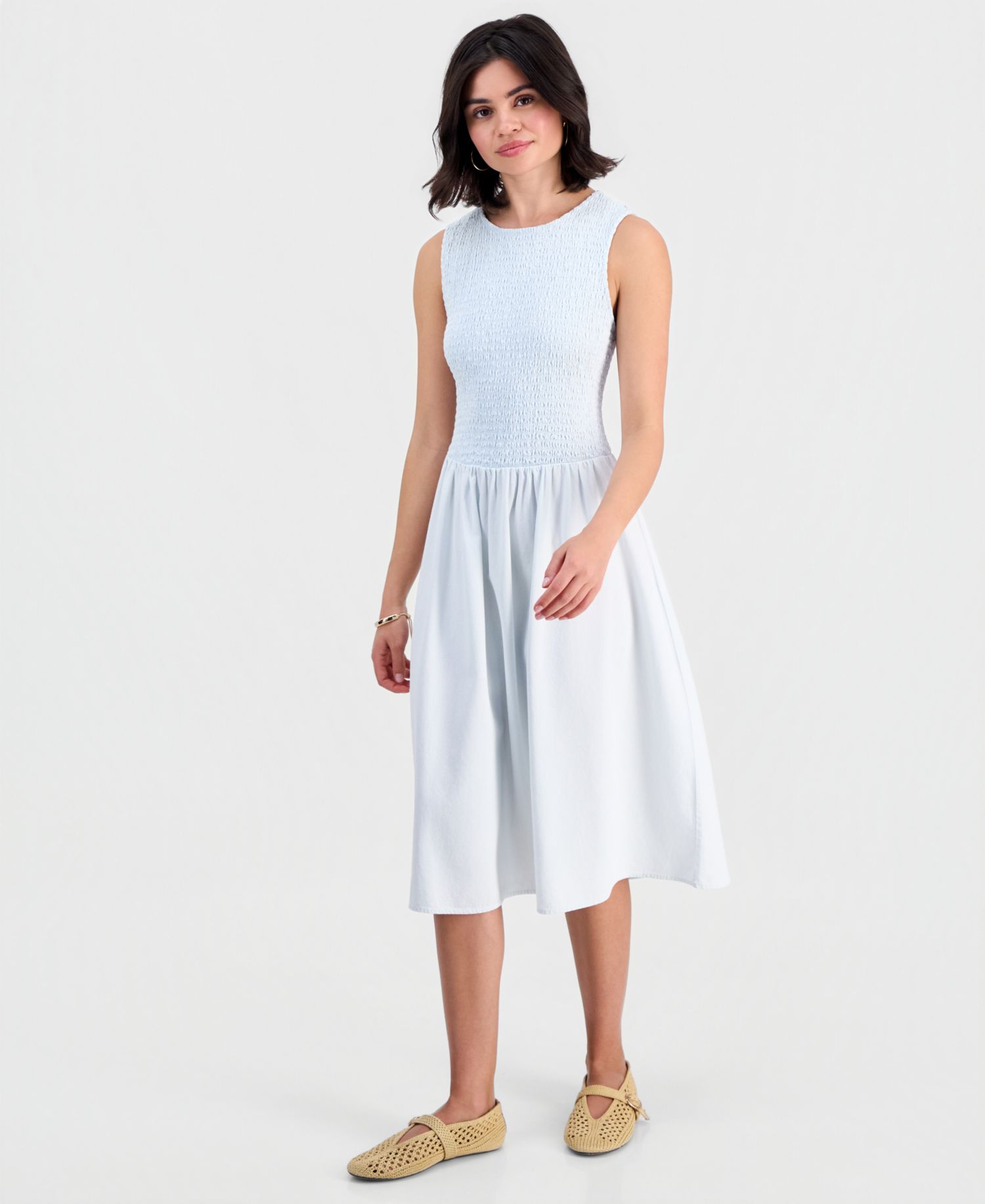 Petite Chambray Smocked Midi Dress