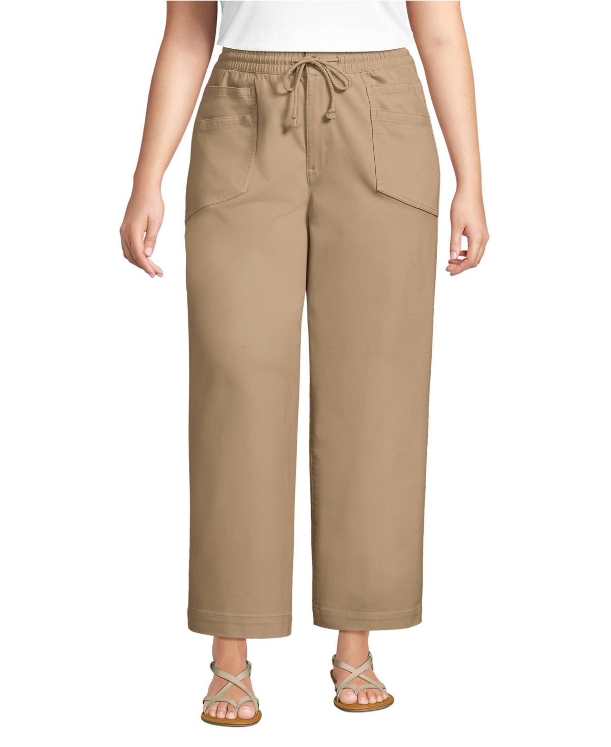 Lands' End Women's Herringbone Chino High Rise Relaxed Straight Drawstring Ankle Pants