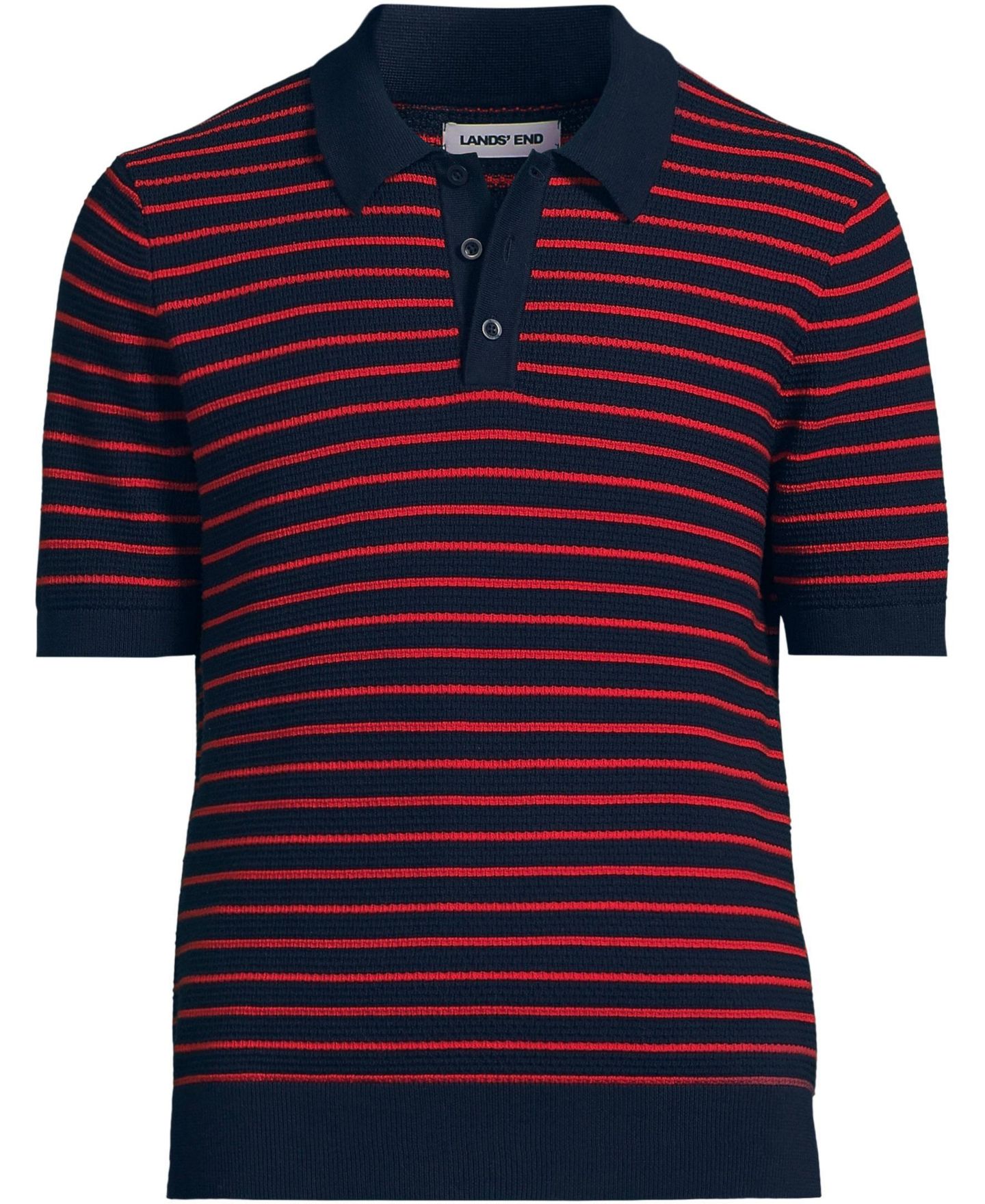 Мужские топы Lands' End Short Sleeve Fine Gauge Sweater Polo, цвет: Тёмно-синий / Красный полосатый — фото 3